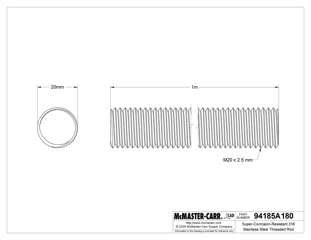 Technical Drawing of Super-Corrosion-Resistant 316 Stainless Steel Threaded Rod, M20 x 2.5 mm Thread Size, 1 M Long.